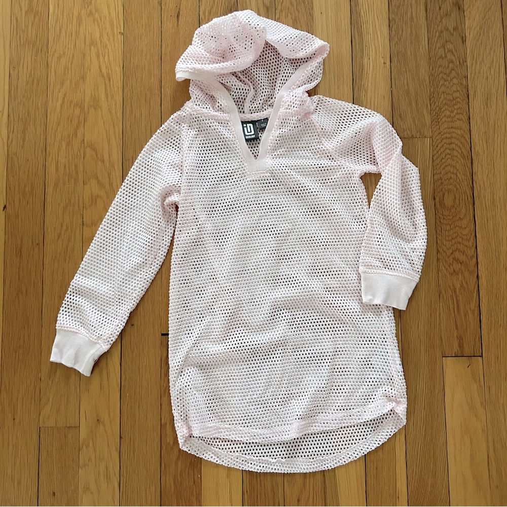 Ideology girl’s size 5 long sleeve hooded mesh swim coverup in pale pink